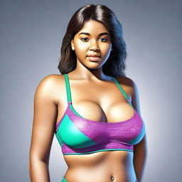 A tastefully rendered digital art image of a young teenager wearing a cute bra, showcasing her curvaceous figure