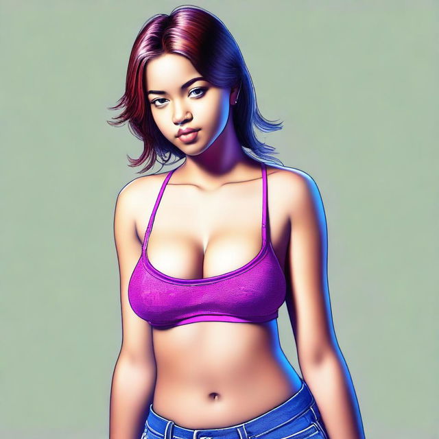 A tastefully rendered digital art image of a young teenager wearing a cute bra, showcasing her curvaceous figure