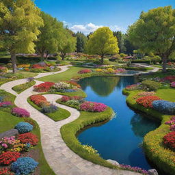 An animated style, beautiful park with vivid, cartoon-like trees, vibrant flowers, a whimsical pond, and a curvy pathway under a brilliantly blue, sunny sky