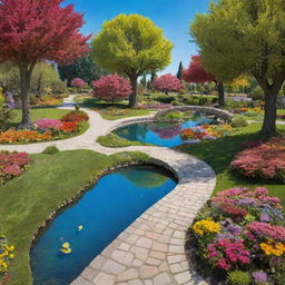 An animated style, beautiful park with vivid, cartoon-like trees, vibrant flowers, a whimsical pond, and a curvy pathway under a brilliantly blue, sunny sky