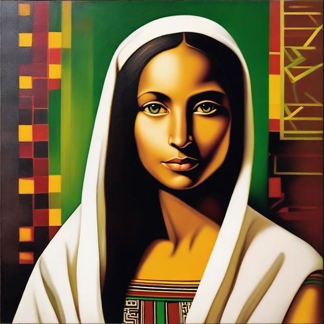 This is a high-quality oil painting featuring a young Mona Lisa in Ethiopian style