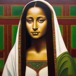 This is a high-quality oil painting featuring a young Mona Lisa in Ethiopian style