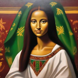 This is a high-quality oil painting featuring a young Mona Lisa in Ethiopian style