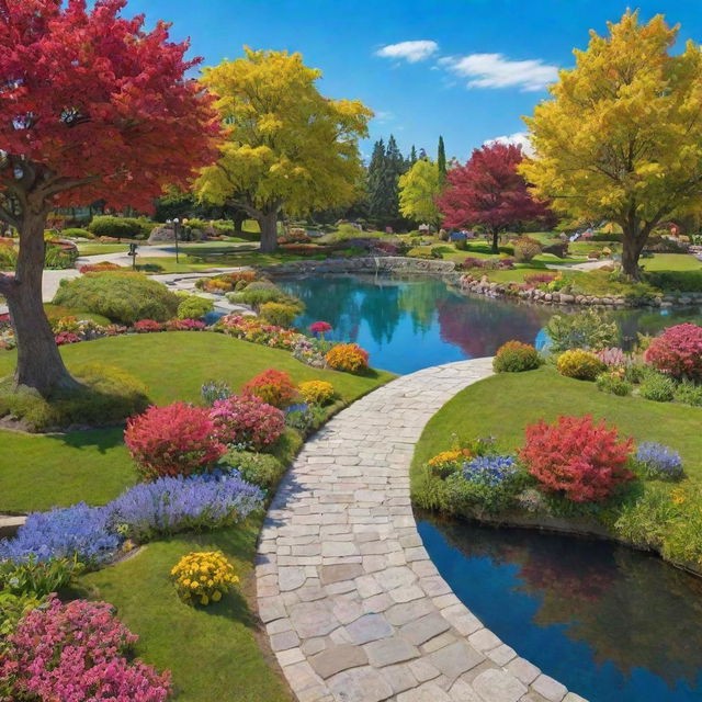 An animated style, beautiful park with vivid, cartoon-like trees, vibrant flowers, a whimsical pond, and a curvy pathway under a brilliantly blue, sunny sky