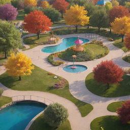 An animated style, colorful park setting complete with vibrant trees, whimsical playground structures, a calm pond, and curly pathways under a cheerful sun-lit sky