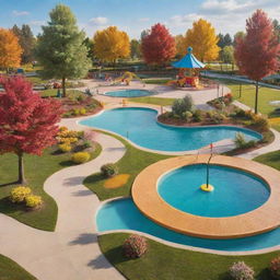 An animated style, colorful park setting complete with vibrant trees, whimsical playground structures, a calm pond, and curly pathways under a cheerful sun-lit sky