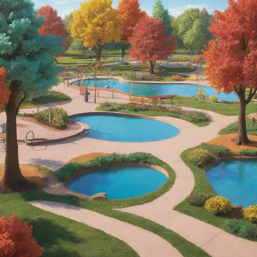 An animated style, colorful park setting complete with vibrant trees, whimsical playground structures, a calm pond, and curly pathways under a cheerful sun-lit sky