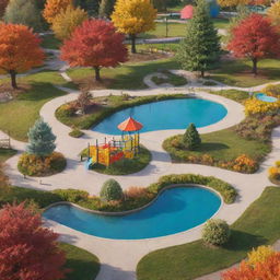 An animated style, colorful park setting complete with vibrant trees, whimsical playground structures, a calm pond, and curly pathways under a cheerful sun-lit sky