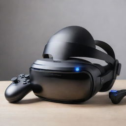 Image of an advanced gaming console coupled with a state-of-the-art virtual reality headset, highlighting its sleek design and high-tech features.