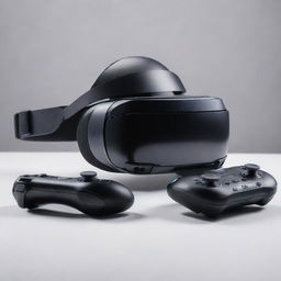 Image of an advanced gaming console coupled with a state-of-the-art virtual reality headset, highlighting its sleek design and high-tech features.