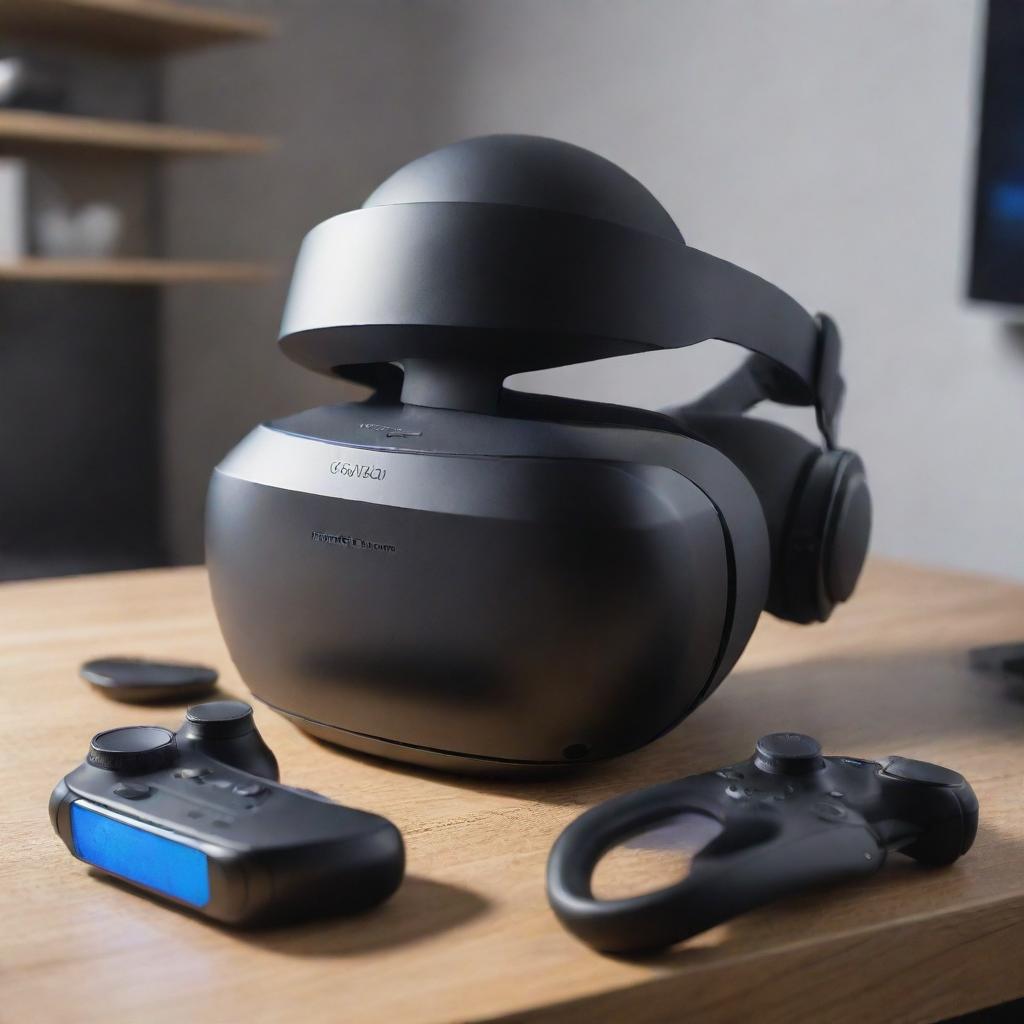 Image of an advanced gaming console coupled with a state-of-the-art virtual reality headset, highlighting its sleek design and high-tech features.