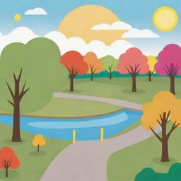 A clipart style image of a park with simplified, yet colorful trees, playground equipment, a peaceful pond, and a pathway, all under a friendly sky with a sun