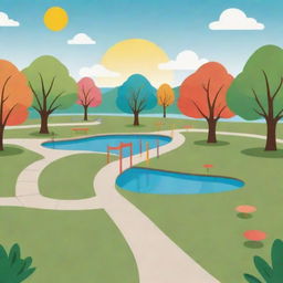 A clipart style image of a park with simplified, yet colorful trees, playground equipment, a peaceful pond, and a pathway, all under a friendly sky with a sun