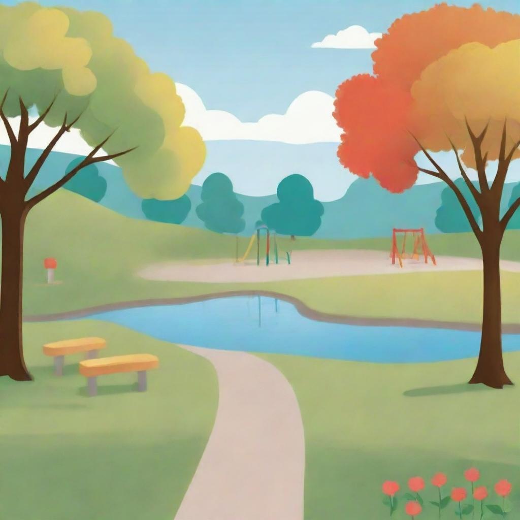 A clipart style image of a park with simplified, yet colorful trees, playground equipment, a peaceful pond, and a pathway, all under a friendly sky with a sun