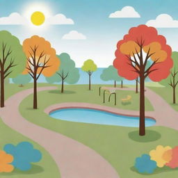 A clipart style image of a park with simplified, yet colorful trees, playground equipment, a peaceful pond, and a pathway, all under a friendly sky with a sun