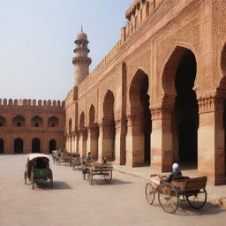 An array of distinctive features from Lahore including the majestic Lahore Fort, delicious street food like chickpea curry, vibrant Minar-e-Pakistan, bustling Anarkali Bazaar, and classic rickshaws.