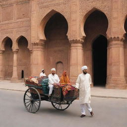 An array of distinctive features from Lahore including the majestic Lahore Fort, delicious street food like chickpea curry, vibrant Minar-e-Pakistan, bustling Anarkali Bazaar, and classic rickshaws.