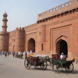 An array of distinctive features from Lahore including the majestic Lahore Fort, delicious street food like chickpea curry, vibrant Minar-e-Pakistan, bustling Anarkali Bazaar, and classic rickshaws.