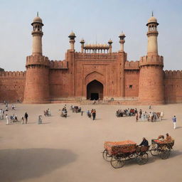 An array of distinctive features from Lahore including the majestic Lahore Fort, delicious street food like chickpea curry, vibrant Minar-e-Pakistan, bustling Anarkali Bazaar, and classic rickshaws.