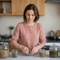 A beautiful Caucasian woman in a UK kitchen, carefully preparing traditional Pakistani tea. She is surrounded by essential ingredients like cardamom, cloves, and tea leaves.