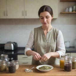 A beautiful Caucasian woman in a UK kitchen, carefully preparing traditional Pakistani tea. She is surrounded by essential ingredients like cardamom, cloves, and tea leaves.