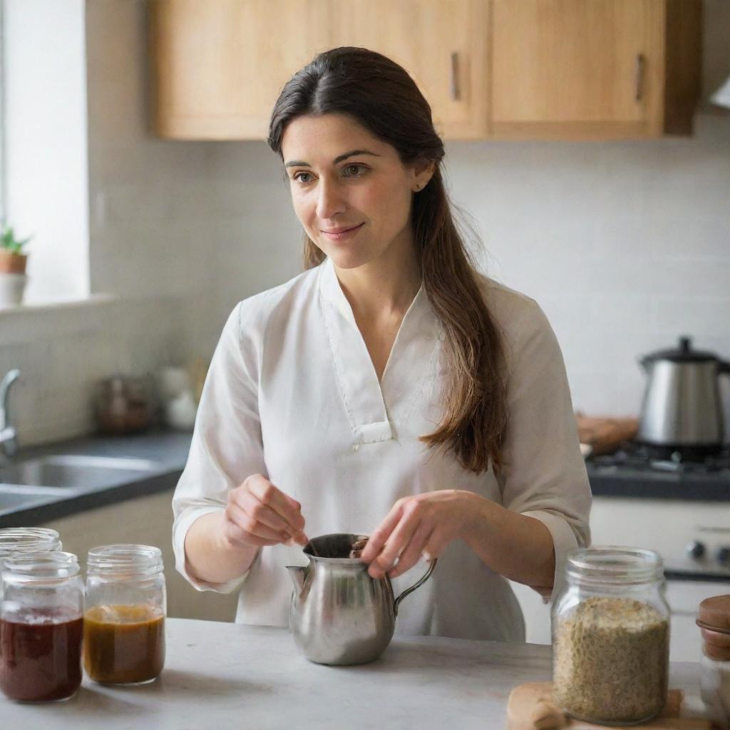 A beautiful Caucasian woman in a UK kitchen, carefully preparing traditional Pakistani tea. She is surrounded by essential ingredients like cardamom, cloves, and tea leaves.