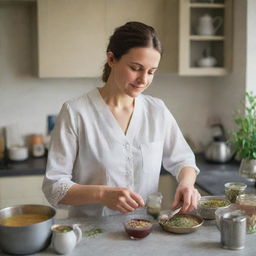 A beautiful Caucasian woman in a UK kitchen, carefully preparing traditional Pakistani tea. She is surrounded by essential ingredients like cardamom, cloves, and tea leaves.