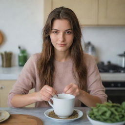 A beautiful 20-year-old Caucasian woman in a UK kitchen, meticulously making traditional Pakistani tea. The image captures her focused expression and the surrounding ingredients like cardamom, cloves, and the dark tea leaves.