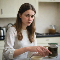 A beautiful 20-year-old Caucasian woman in a UK kitchen, meticulously making traditional Pakistani tea. The image captures her focused expression and the surrounding ingredients like cardamom, cloves, and the dark tea leaves.