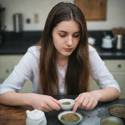 A beautiful 20-year-old Caucasian woman in a UK kitchen, meticulously making traditional Pakistani tea. The image captures her focused expression and the surrounding ingredients like cardamom, cloves, and the dark tea leaves.