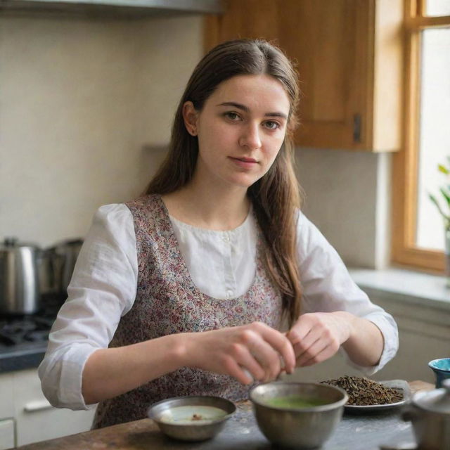 A beautiful 20-year-old Caucasian woman in a UK kitchen, meticulously making traditional Pakistani tea. The image captures her focused expression and the surrounding ingredients like cardamom, cloves, and the dark tea leaves.