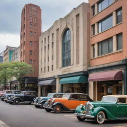 A vibrant city street with art deco architecture and vintage cars parked on the side