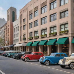 A vibrant city street with art deco architecture and vintage cars parked on the side