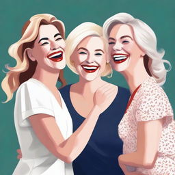 This is a high-quality digital art image featuring three white women, all with diverse hairstyles and attire, expressing affectionate camaraderie