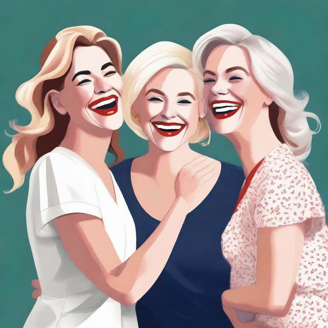 This is a high-quality digital art image featuring three white women, all with diverse hairstyles and attire, expressing affectionate camaraderie