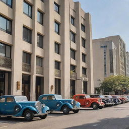 A vibrant city street with art deco architecture and vintage cars parked on the side