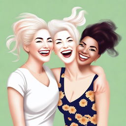 This is a high-quality digital art image featuring three white women, all with diverse hairstyles and attire, expressing affectionate camaraderie