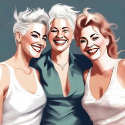 This is a high-quality digital art image featuring three white women, all with diverse hairstyles and attire, expressing affectionate camaraderie