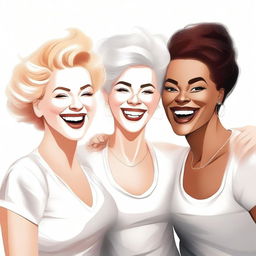 This is a high-quality digital art image featuring three white women, all with diverse hairstyles and attire, expressing affectionate camaraderie