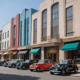 A vibrant city street with art deco architecture and vintage cars parked on the side