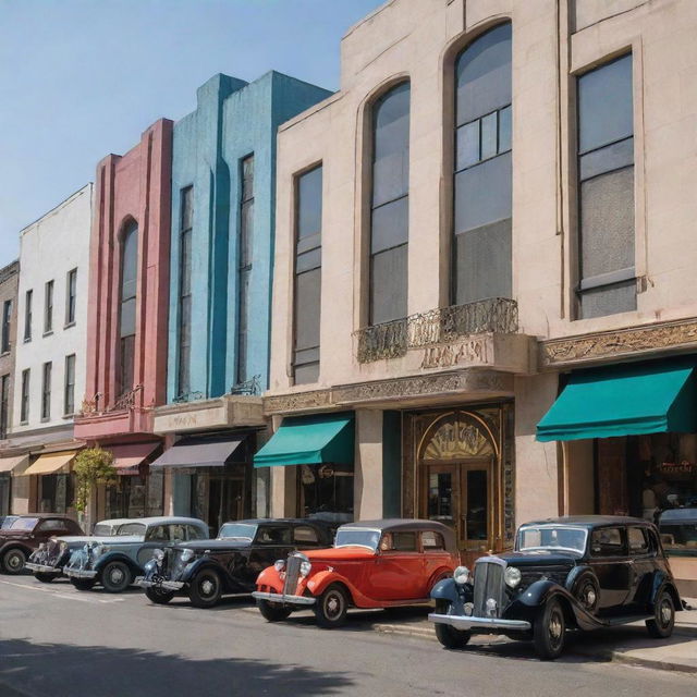 A vibrant city street with art deco architecture and vintage cars parked on the side