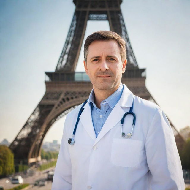 A professional doctor standing confidently in front of the majestic Eiffel Tower during daylight.