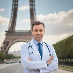 A professional doctor standing confidently in front of the majestic Eiffel Tower during daylight.