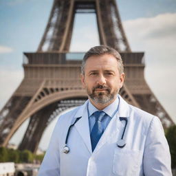 A professional doctor standing confidently in front of the majestic Eiffel Tower during daylight.