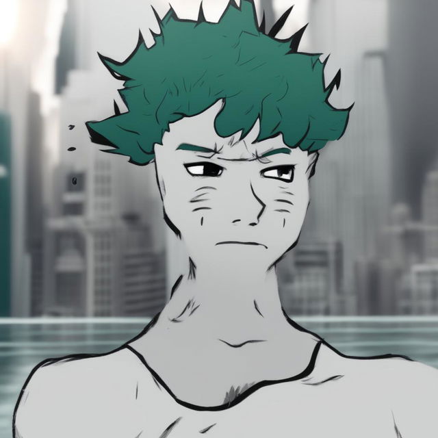 A high-quality digital art image depicting a fusion of Izuku Midoriya from 'My Hero Academia' and the meme character, Wojak