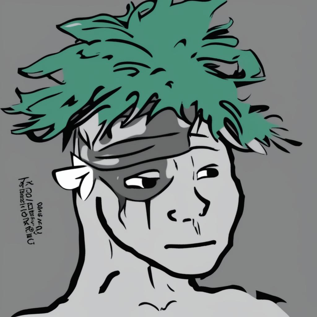 A high-quality digital art image depicting a fusion of Izuku Midoriya from 'My Hero Academia' and the meme character, Wojak