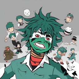 A high-quality digital art image depicting a fusion of Izuku Midoriya from 'My Hero Academia' and the meme character, Wojak