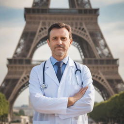 A professional doctor standing confidently in front of the majestic Eiffel Tower during daylight.