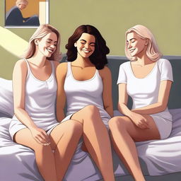 A high-quality digital art depicting three white women in casual attire, lounging on a bed