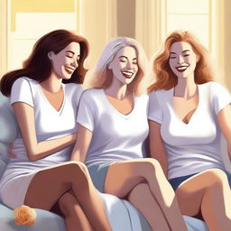 A high-quality digital art depicting three white women in casual attire, lounging on a bed